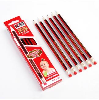 椴木红抽黑条HB木杆铅笔带橡皮