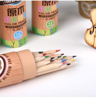 原木彩色铅笔圆纸桶装18色木杆铅笔